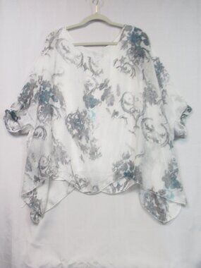 Tempo Paris Silk Overlay Gray Teal Floral Top Sz M Watercolor Artsy Fairy Italy
